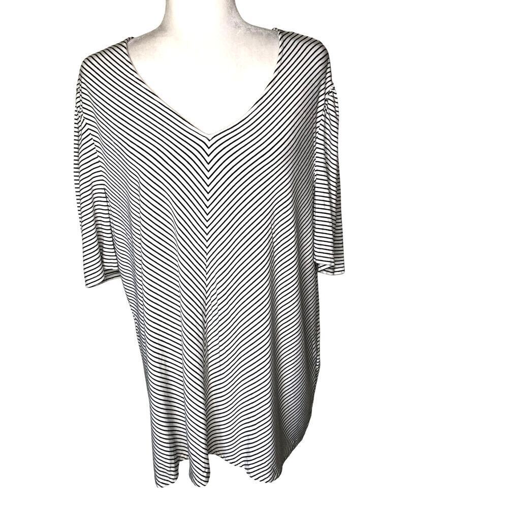Chico's Black White Striped V-Neck Tunic Top Shirt Size XXL Relaxed Fit‎ Casual